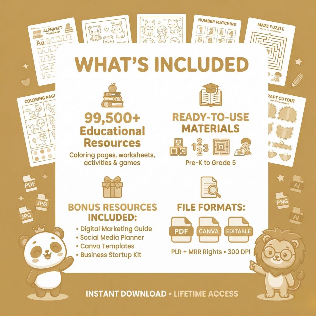 Kids Learning Bundle 99500+ Coloring Pages Worksheets Activities PLR MRR Rights Digital Download Printables - Image 4